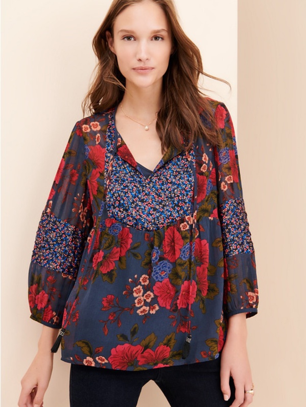 Daniel Rainn Navy Floral Print boho Peasant Blouse cottagecore feminine keyhole